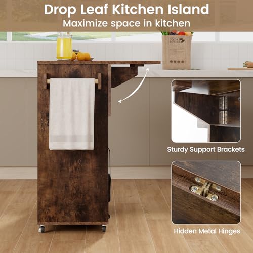 Giantex Rolling Kitchen Island Cart with Drop Leaf, Power Outlet, Spice Rack, 12 Wine Rack, Glass Holder, Drawer, Storage Cabinet, Towel Rack, Island Table for Breakfast Coffee Bar (Rustic Brown) - color: Rustic Brown