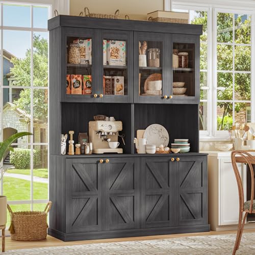 ivaniti 71" Tall Modular Farmhouse Kitchen Pantry Set of 2, Large Storage Cabinets with Glass Doors, Freestanding Coffee Bar Hutch with Microwave Stand, Adjustable Shelves for Kitchen, Black - color: Black, size: 2A
