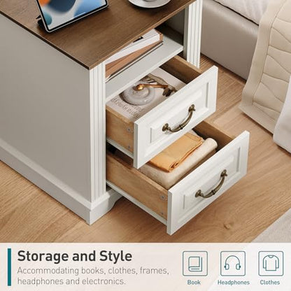RALGEND Farmhouse Nightstand with Charging Station, Night Stand with 2 Drawers, End Tables Living Room, LED Bed Side Table with Open Shelf, End Table for Bedroom, Living Room, White and Walnut - color: White and Walnut