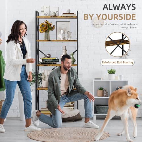Vongrasig 5 Tier Bookshelf, Modern Industrial Bookcase with Metal Frame | 62” Tall Display Shelf, Free Standing Storage Organizer for Home Office, Living Room, Bedroom, Rustic Brown - color: Rustic Brown