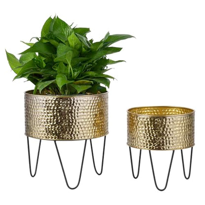 MyGift Modern Brass Tone Metal Planter Pots with Pebbled Texture, Hammered Plant Containers with Matte Black Wire Stands, 2 Piece Set, 8 and 10 Inch - Handcrafted in India - color: Brass