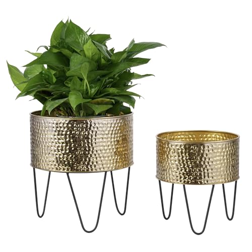 MyGift Modern Brass Tone Metal Planter Pots with Pebbled Texture, Hammered Plant Containers with Matte Black Wire Stands, 2 Piece Set, 8 and 10 Inch - Handcrafted in India - color: Brass