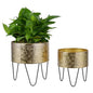 MyGift Modern Brass Tone Metal Planter Pots with Pebbled Texture, Hammered Plant Containers with Matte Black Wire Stands, 2 Piece Set, 8 and 10 Inch - Handcrafted in India - color: Brass
