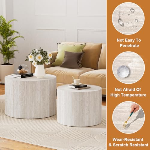 Round Nesting Coffee Table Set of 2 Modern Small Round Travertine Coffee Tables Travertine End Side Table Circle Nested Coffee Tables for Living Room (Travertine B) - color: Walnut Regular
