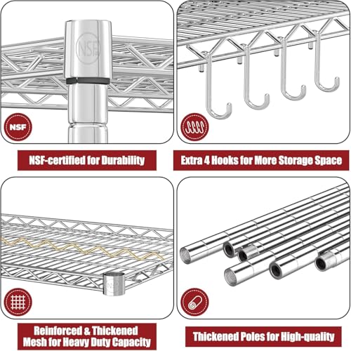 PrimeZone 4 Tier 55.5" Wx24 Dx76 H Wire Shelving with Wheels 2400lbs NSF Certified Storage Shelves Heavy Duty Metal Shelf Adjustable Rolling Rack Commercial Garage Restaurant Warehouse Chrome 2Pack - size: 55.5" W x 24" D x 76" H
