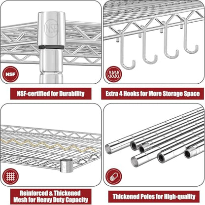 PrimeZone 4 Tier 55.5" Wx24 Dx76 H Wire Shelving with Wheels 2400lbs NSF Certified Storage Shelves Heavy Duty Metal Shelf Adjustable Rolling Rack Commercial Garage Restaurant Warehouse Chrome 2Pack - size: 55.5" W x 24" D x 76" H