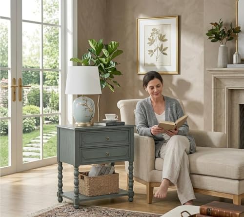 HULALA HOME Farmhouse End Table with Charging Station, 2PK Blue | Open Shelf Storage, Drawer Organization, Spindle Legs, Solid Wood Details - color: Blue