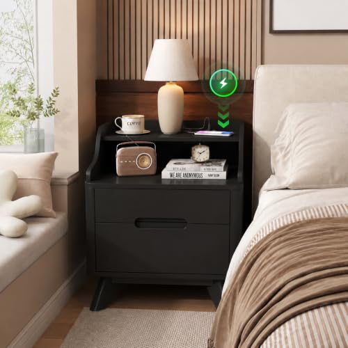 21" Nightstand with Charging Station, Wood Bedside Table w/2 Drawers, Black | Large Mid Century End Table with Hidden Handle, Open Storage Shelf, Wood End Table Side Bedside Table for Bedroom, Dorm - color: Black, size: Wide (2 drawer)