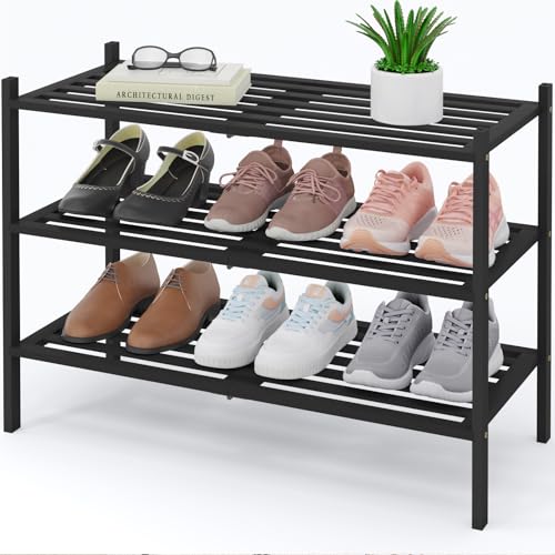 Smiry Bamboo Shoe Rack, 3 Tier Free Standing Wooden Shoe Organizer, Stackable Wood Shoe Storage Shelf for Closet, Entryway, 5 Horizontal Slats, 26.8"x11"x18.3", Black - color: Black, size: 3 Tier - 26.8" Wide