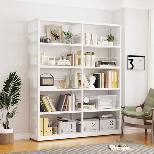 5 Tier Metal Bookshelf - White Bookcase With 4 Adjustable Shelves - Storage Unit Organizer for Living Room, Office (1 Main Shelf + 1 Subframe Shelf) - color: White, size: 5-Tier 54"W