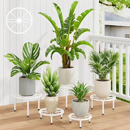 5 Pack White Metal Outdoor Plant Stands Plant Risers Patio(WhiteLeaf) - color: WhiteLeaf