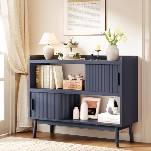 ONBRILL 44" Sideboard Buffet Cabinet with Outlet & 2 Open Storage Spaces, Fluted Sideboard Cabinet with Sliding Door & Adjustable Shelves, Mid-Century Accent Coffee Bar Console Table with Wooden Feet - color: Blue, size: 44"