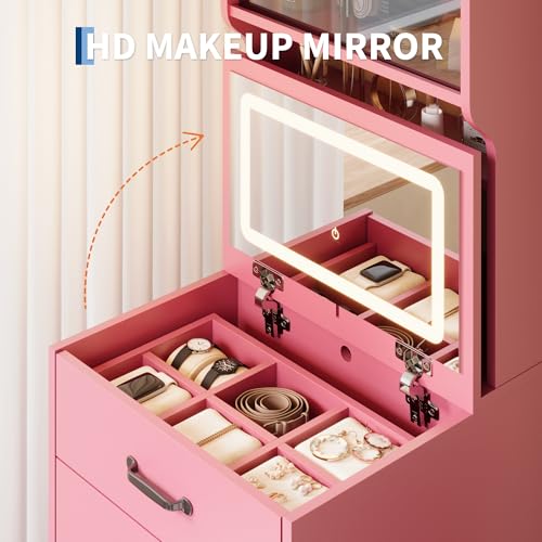 Garvee 3 in 1 Vanity Desk with 3 Color LED, Compact Makeup Vanity Set with 2 AC Outlets & USB, Dressing Table with Drawers & Acrylic Doors, Nightstand Vanity Mirror, Jewelry Box, Hidden Chair, Pink - color: Pink