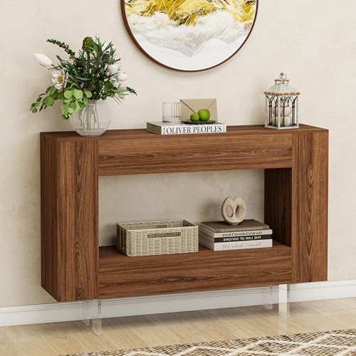 Console Table with Hidden Storage & Adjustable Shelves, Brown Wood Grain | Farmhouse sofa table for behind couch, living room, or hallway, entryway table with concealed cabinets & adjustable shelves - color: S-brown