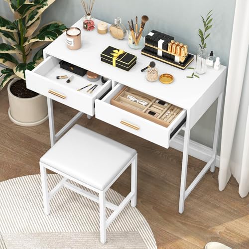 35.5" White Makeup Vanity Desk with Stool, Iron Frame Vanity Table with 2 Drawers, Rose Gold Handles, Solid Structure, No Mirror, Modern Writing Desk for Bedroom, 35.5" × 16" × 31"