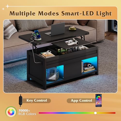 WLIVE 40" Lift Top Coffee Table, 4 in 1 Coffee Tables with Storage, 2 Fabric Drawers, LED Light and USB, Modern Coffee Table with Hidden Compartment for Living Room, Dining Room, Black - color: Black