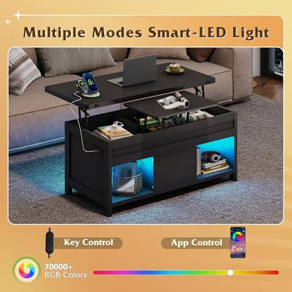 WLIVE 40" Lift Top Coffee Table, 4 in 1 Coffee Tables with Storage, 2 Fabric Drawers, LED Light and USB, Modern Coffee Table with Hidden Compartment for Living Room, Dining Room, Black - color: Black