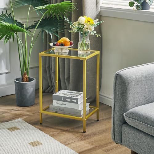 YMYNY Tempered Glass Side Table, 22.05H*14.96L*11.02W,Gold, UHGD002G | 2 Tier end table, Storage Shelves, Narrow Bedside Table, Small Space - color: Gold