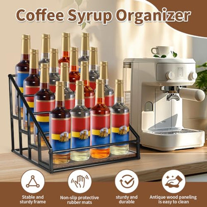 YQBRAO 4-Tier Coffee Syrup Organizer, 16-Bottle Rack, Rustic Brown | Holds up to 16 bottles with stepped visibility; rustic wood and metal design for syrups, kitchens, and home coffee bars. - size: 4 Tier 16 Bottle Syrup Rack - 1 Pack