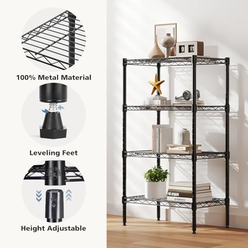 NEWBULIG 4-Tier Metal Wire Storage Shelves, Adjustable Heavy Duty Steel Shelving Unit, Freestanding Storage Rack Organizer for Kitchen, Pantry, Garage, Bathroom, 23.2" W x 13.4" D x 47.2" H, Black - size: 23.2" W x 13.4" D x 47.2" H