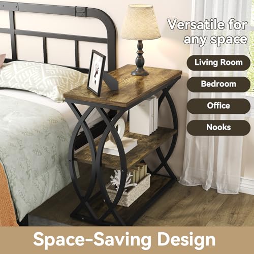 End Table, Narrow Side Table, 3-Tier End Table with Metal Frame, Living Room Side Table with Storage for Couch, Sofa, Bedroom, Small Spaces, Easy Assembly, 23.6"D*11.8"W*23.6"H, Rustic Brown