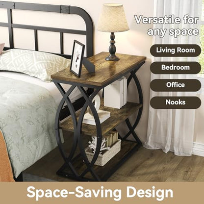 End Table, Narrow Side Table, 3-Tier End Table with Metal Frame, Living Room Side Table with Storage for Couch, Sofa, Bedroom, Small Spaces, Easy Assembly, 23.6"D*11.8"W*23.6"H, Rustic Brown