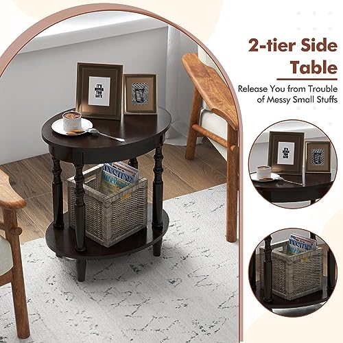 Giantex Oval End Tables Set of 2, 2-Tier Side Tables with Storage Shelf & Solid Wood Legs, Modern Living Room Accent Table, Wood Nightstand for Bedroom, Small Space, 20.5"L x 15.5"D x 24.5"H, Espresso - color: Espresso