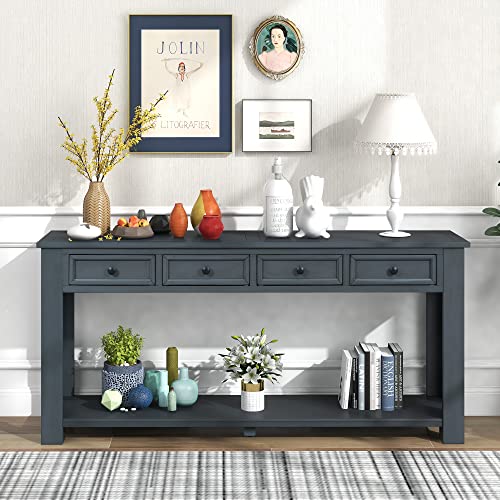 LKTART Solid Pine Console Table with Drawers,Long Sofa Table Entryway Table | 63" Navy Entryway Table with Drawers & Open Shelf,Farmhouse Console Table,Entry Table for Hallway,Foyer or Behind Sofa - color: Navy