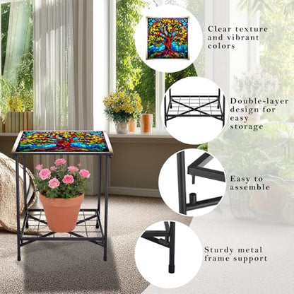 Cinnvoice Outdoor Side Table 2-Tier Storage Square Small Mosaic Patio Accent Indoor End Plant Coffee Tea Table for Yard Patio Porch Garden Living Room, Bedroom(Tree of Life Style) - style: Tree of Life Style