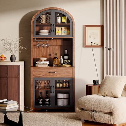 Tall Arched Pantry Cabinet, Kitchen Pantry Cabinet with Drawer and Charging Station, Tall Coffee Bar Cabinet with Storage, Dining Room Kitchen Hutch Storage Cabinet - color: Walnut