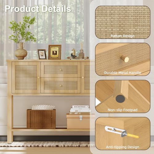 YOSHOOT Rattan Console Table with Storage, Entryway Table with 2 Doors & 2 Drawers, Farmhouse Coffee Bar for Kitchen, Living Room, and Entryway, Oak - color: Oak