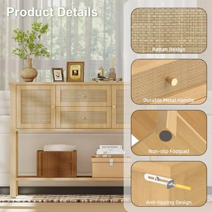 YOSHOOT Rattan Console Table with Storage, Entryway Table with 2 Doors & 2 Drawers, Farmhouse Coffee Bar for Kitchen, Living Room, and Entryway, Oak - color: Oak