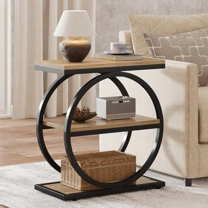 Tribesigns Side End Table with 3 Storage Shelves, Industrial Sofa Table with Round Metal Frame for Living Room, Engineered Wood Nightstand for Bedroom, Oak - color: Oak