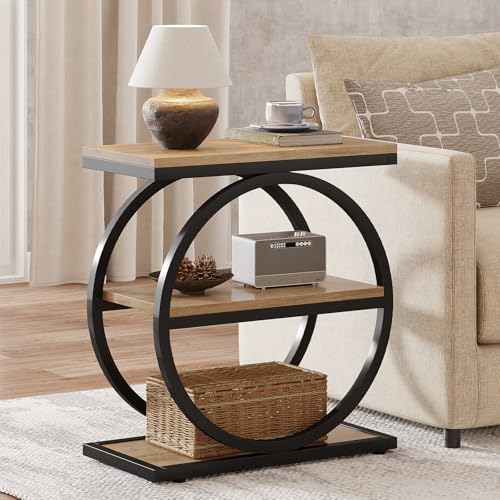 Tribesigns Side End Table with 3 Storage Shelves, Industrial Sofa Table with Round Metal Frame for Living Room, Engineered Wood Nightstand for Bedroom, Oak - color: Oak