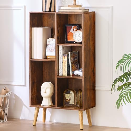 LEYAOYAO 5 Cube Bookshelf, Mid-Century Modern Book Shelf with Legs, Brown | 3 Tier Bookcase, Rustic Wood Bookshelves Freestanding Small Storage Organizer, Open Shelves for Bedroom, Living Room, Office - color: Brown, size: 5 Cube with Legs