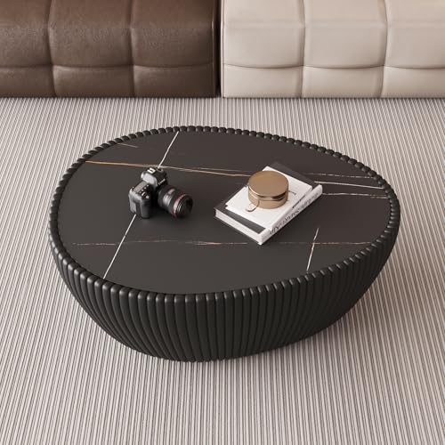 32.1" Oval Coffee Table with Marble Top Irregular Stone Coffee Table Fluted PU Leather Center Tables for Living Room Apartment No Assembly Black - color: Marble-oval-32.1inch-black-coffee