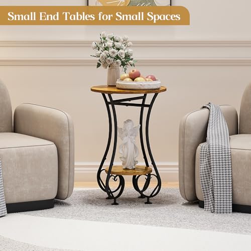 X-cosrack Small Round Side Table with Lower Shelf for Small Spaces, Compact End Table for Sofa, Bedside Nightstand, Coffee & Drink Table for Living Room, Bedroom, Balcony - color: Rustic Spliced Wood
