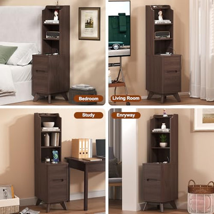 Tall Nightstand Set of 2 w/Charging Station, Narrow Nightstand w/Bookshelf | 47" Modern Side Table with 2 Drawers, Adjustable 4 Open Shelves, Wooden End Table Bedside Table for Bedroom (Brown) - color: Brown, size: Tall (2 drawer)