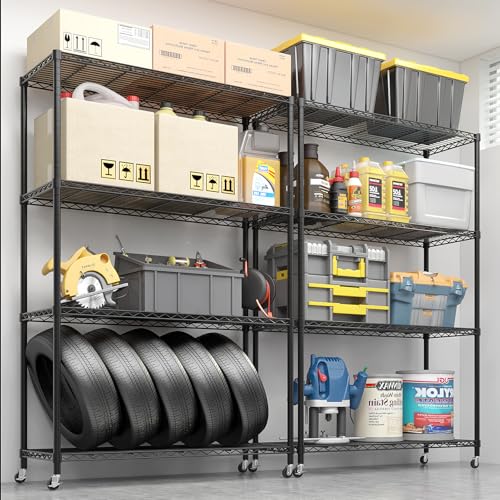 Metal Storage Shelf, Garage Storage Organization Wire Rack, Adjustable 4 Tier Wire Shelf with Wheels, Space Saving Design for Home Office, Living Room, Bedroom, 46" W x 18" D x 65" H, Black - color: Black, size: 4-tier 46.06"W x 17.7"D x 64.96"H Wheels