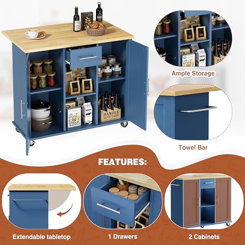 JY QAQA 42" Kitchen Island with Storage on Wheels, Rolling Table with Drop Leaf, Drawers, Cart Handle for Towel Rack or Free Movement, Blue - color: Blue