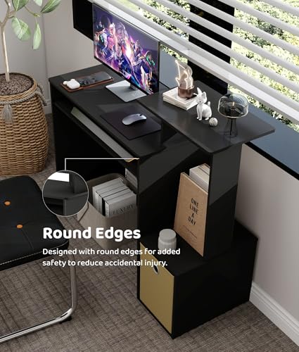 Small Computer Writing Desk with Drawers, Home Office Desk with Storage Shelves for Home Office Bedroom, Black/Brown - color: Black/Brown
