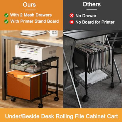 Rolling File Cabinet Cart, Printer Stand with Storage Drawer, Mobile Filing Cabinet on Lockable Wheel, Printer Cart with Hanging File Folder Organizer Beside Under Desk for Office Home(Patent Pending) - color: Black