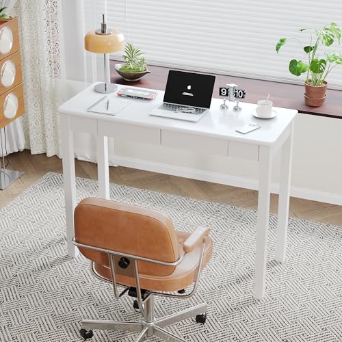 Solid Wooden Desk with Drawers - 39 x 16 Inch Modern Narrow Desks, Rubberwood Simple Study Table, Small Writing Desk for Bedroom|Small Spaces - White Desks - color: White, size: 39.4 in W x 15.7 in D