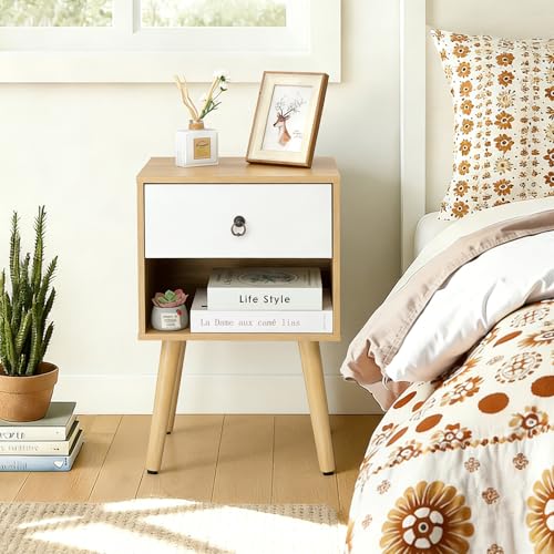 Bonnlo Nightstand Set of 2, Modern Bedside Table with Drawer Open Shelf, End Table with Solid Wood Legs for Bedroom, Oak - color: White+oak, size: 1 Drawer 1 Shelf
