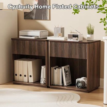 Modern Fluted Nightstand Set of 2 for Bedroom, Mid Century Bedside Table with Drawer & Open Shelf, Wood End Table, Farmhouse Night Stand for Home, Hallway, Office, Walnut - color: Walnut