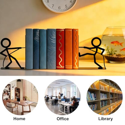 Metal Bookends People Book-end, Decorative Cute Book Ends for Shelves in Home Office Desk, Bookshelf Decor & Gift, Stable Storage (Tug War Black)