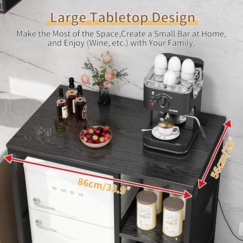METYERRY Kitchen Bakers Rack with Power Outlet, Microwave Stand with Drawer, Mini Fridge Stand with Adjustable Shelves,Mini Fridge Cabinet Suitable for Dining Room, Dorm,Home, Black - color: Black