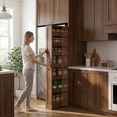 7-Tier Slim Mobile Shelving Cart with Wheels, Rolling Pantry with 7 Baskets, Narrow Pull-Out Utility Cart, Space Saving Storage Organizer Carts for Kitchen Living Room Bathroom Narrow Spaces, Walnut - size: Walnut & 7.87"D x 15.75"W x 70.75"H