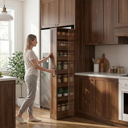 7-Tier Slim Mobile Shelving Cart with Wheels, Rolling Pantry with 7 Baskets, Narrow Pull-Out Utility Cart, Space Saving Storage Organizer Carts for Kitchen Living Room Bathroom Narrow Spaces, Walnut - size: Walnut & 7.87"D x 15.75"W x 70.75"H