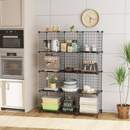 12-Cube Storage Organizer, Metal Wire Cube Shelving Unit, 11.8" L x 11.8" W x 11.8" H, Modular Grid Bookshelf for Closet, Bedroom, Office, Black ATTJL12B - color: Black